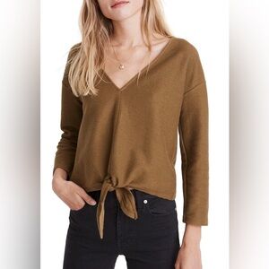 Madewell Texture & Thread V-Neck Tie-Front Top, 3/4 Sleeves, Olive Green/Tan, S